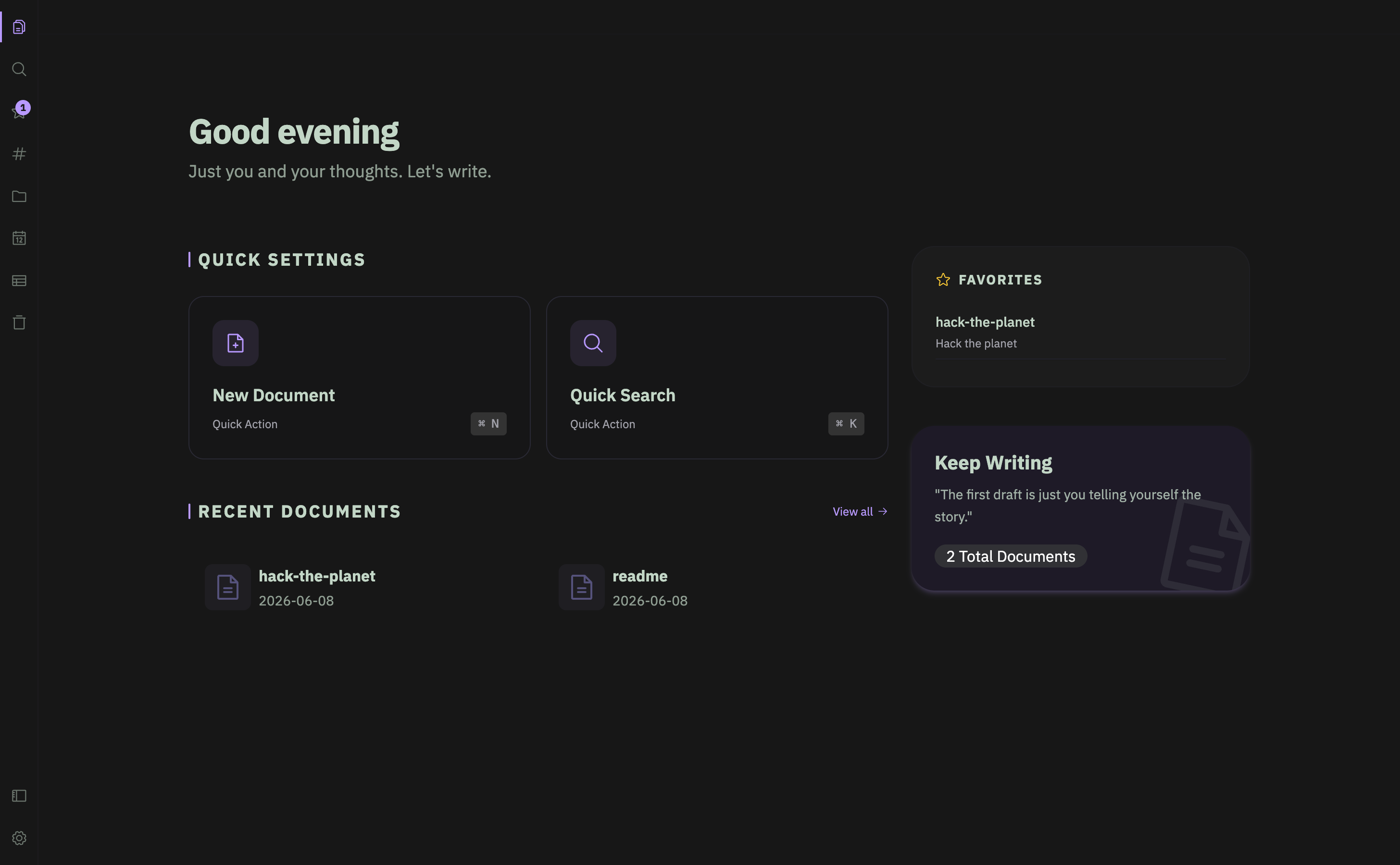 Write Me dashboard showing quick settings, recent documents, and favorite notes in a dark workspace.