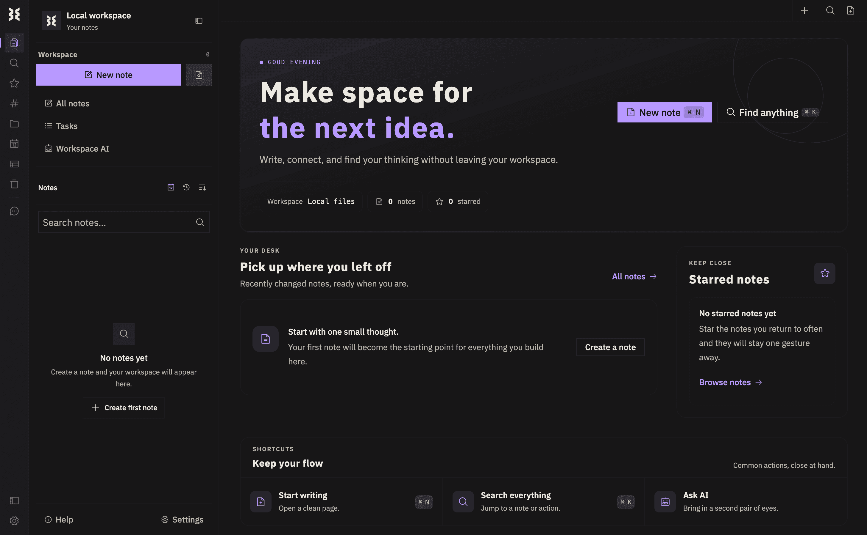 Write Me's workspace home with quick actions, recently changed notes, and starred notes.